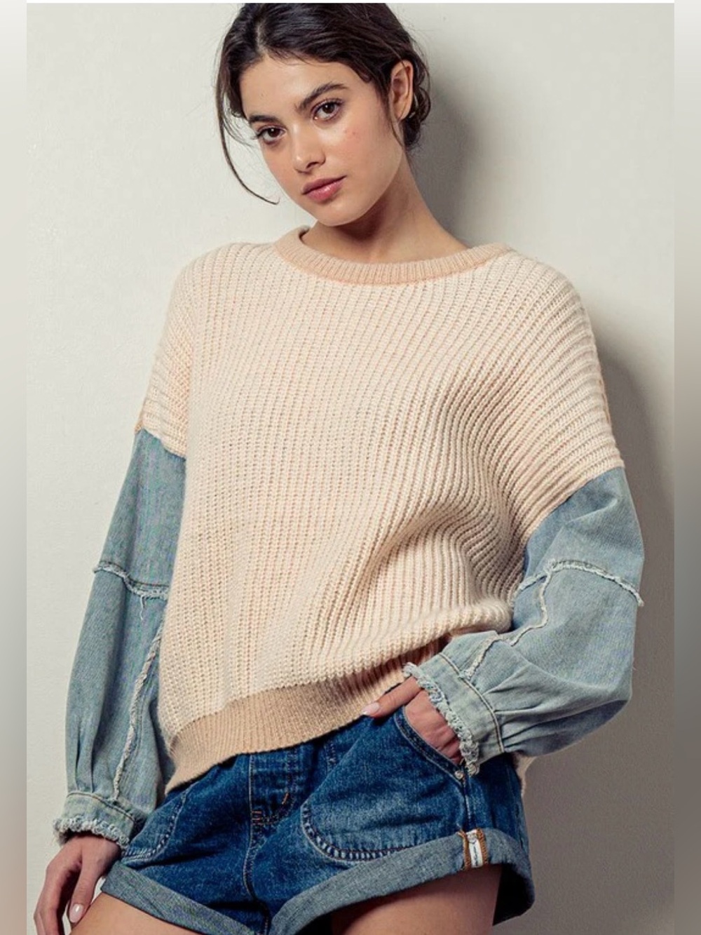 Dreamers By Debut Knit Denim Sleeve Sweater Sz M/L Two Toned Beige Blue Boho